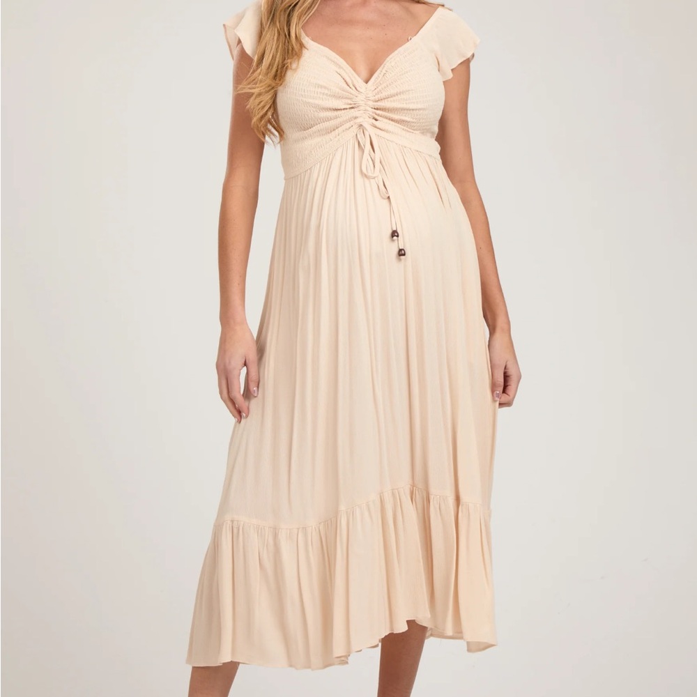 PinkBlush Beige Smocked Ruched Hem Maternity Dress